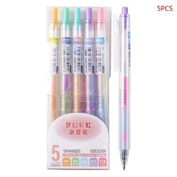 

2020 New 5pcs Rainbow Gradient Color Gel Pen 0.5mm Marker Hook Line School Office Supply