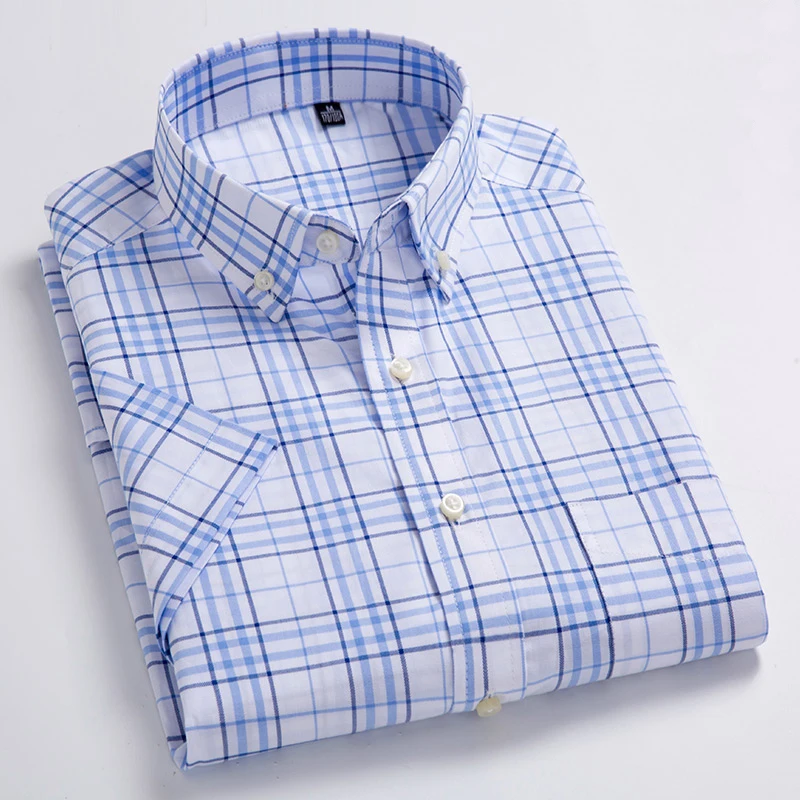 Men's Oxford Casual Shirts Leisure Design Plaid Men's Social Shirts Cotton Short Sleeve Dress