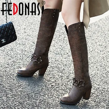 

FEDONAS Flower Decoration Women Knee High Boots Elegant Chunky Heeles Shoes Woman Autumn Winter Warm Female Western Boots Shoes