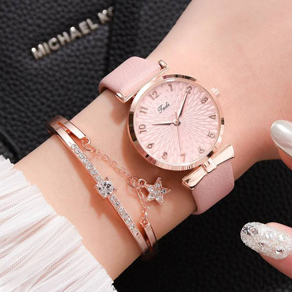 Conjunto de relojes con flores para mujer, pulsera de cuero, de cuarzo, informal, 2 uds.