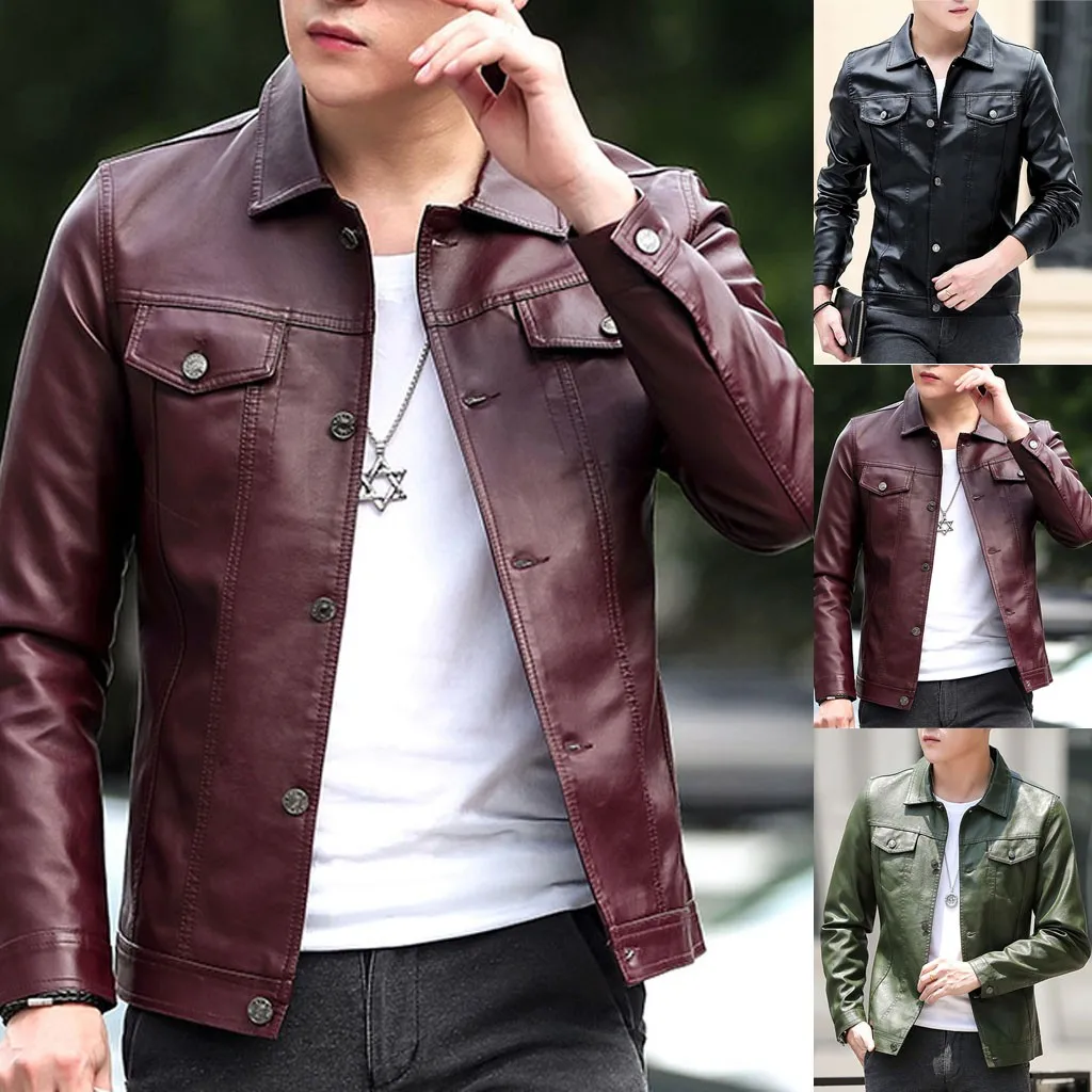 Мужская кожаная куртка осень зима кожаная курка мужская jaqueta de couro masculino Байкерская мотоциклетная куртка на молнии с длинными рукавами#3