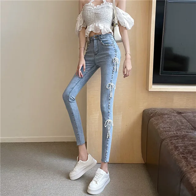 Pearl Bow Skinny Jeans For Women High Waist Slim Fit Light Blue Denim Pants 3