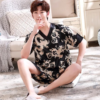 

Comfortable pajamas set for men's summer short-sleeved thin soft sleepwear men Korean silk satin large size casual home clothing