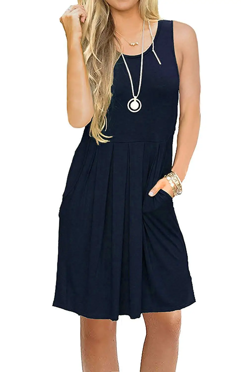 

XL2012 Women's Sleeveless Pleated Swing Dress with Pockets Knee Length Polyester Bohemian