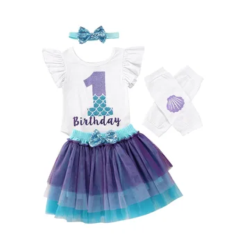 

2020 Toddler Infant Baby Girl Clothes Set Firtst Birthday Summer Short Sleeve Bodysuit Mesh Tutu Skirt Leg Warmer Headband