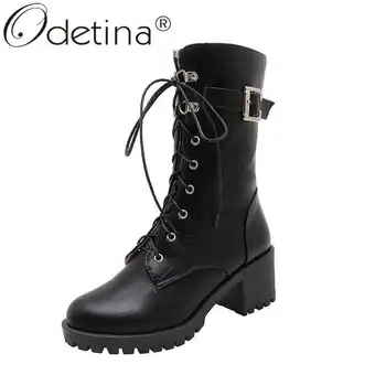 

Odetina Women Lace Up Ladies Winter Buckle Strap Cross-tied Mid Calf Boots Round Toe Block High Heel Platform Motorcycle boots