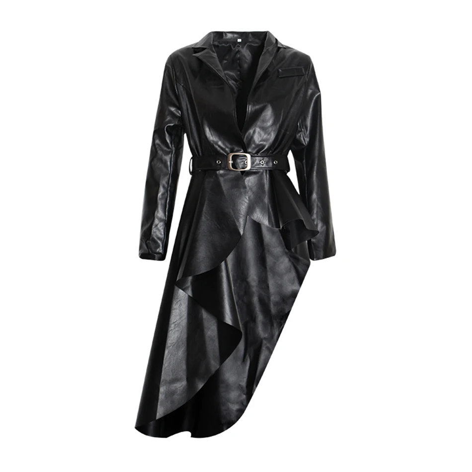 Женское сексуальное пальто из искусственной кожи с v-образным вырезом, с длинными рукавами, с поясом, с неровным гофрированным подолом, вечерние спортивные пальто для женщин, мода зима - Color: Black