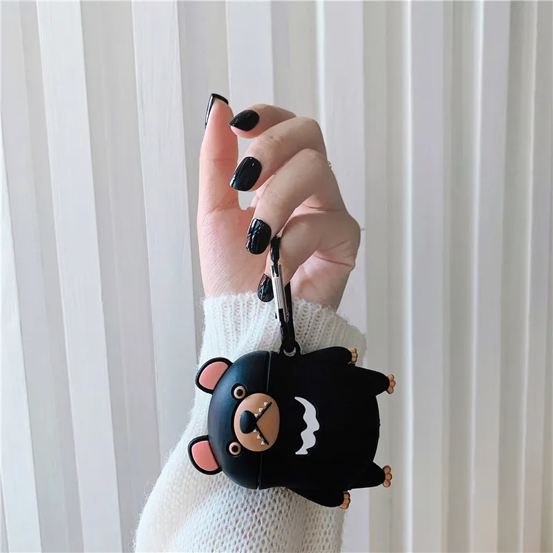 Чехол для наушников с милым 3D рисунком японского черного медведя для Apple Airpods 1/2, силиконовый защитный чехол для наушников с милым медведем