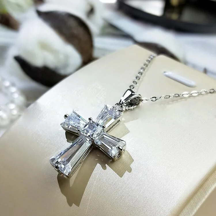 Cross S925 Sterling Silver Necklace Pendant for Women Fine White Bizuteria  with AAA Cushion Zirconia Gemstone Jewelry Gift|Pendants| - AliExpress