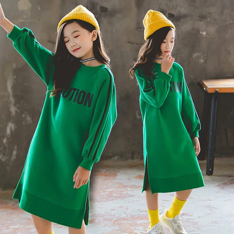

Brand New Girls Sweatshirt Dress Side Split Kids Winter Letter Sweatshirt Plus Velvet Thickened Warm Children Baby Cotton Shirt