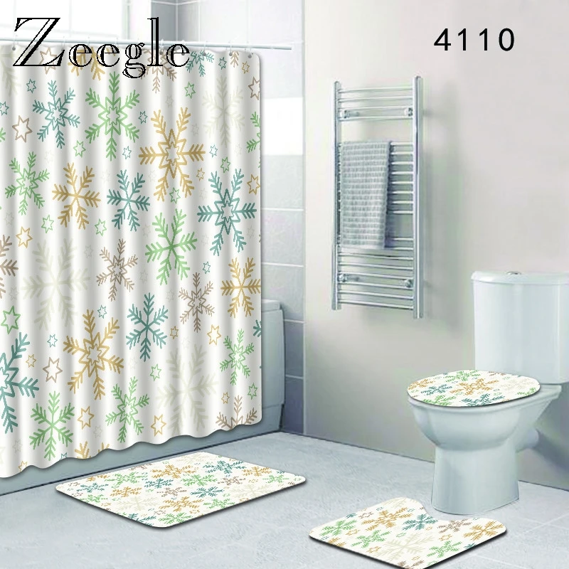 Zeegle Shower Curtain for Bathroom Christmas Bath Mat Set with Curtain Hooks Toilet Cover Protector Pad Home Decoration Bath Rug