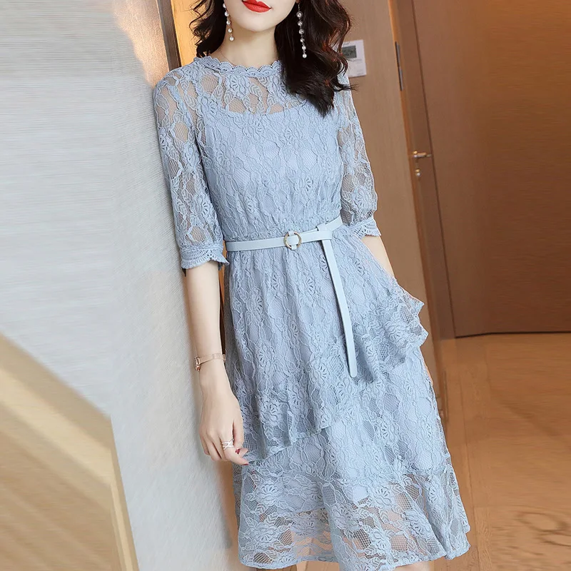

Water Soluble Lace Dress Women's 2019 Spring Summer New Style Elegant Immortal Hollow out Waist Hugging Slimming Two-Piece Skirt