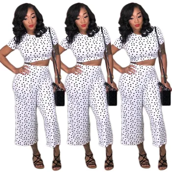 

Polka Dot Casual Two Piece Set Women Short Sleeve Crop Top and Wide Leg Cropped Pant 2020 Autumn 2 Piece Set Women Sweat Suit