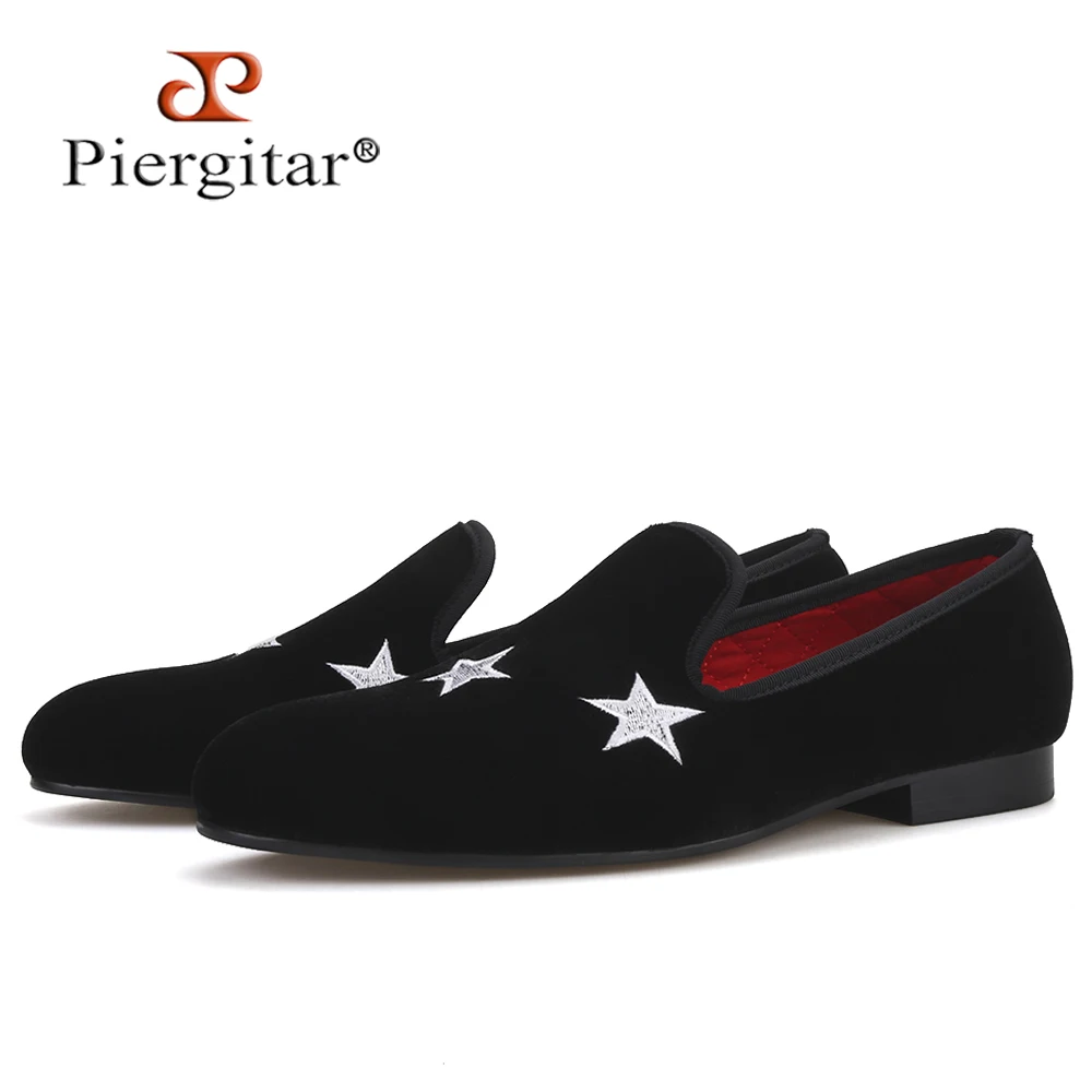 

Piergitar handmade black color men velvet slippers loafers with star embroidery wedding and party men shoes plus size