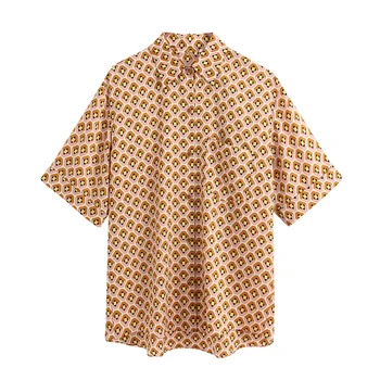 

Stylish Geometric Print Blouses Women Lapel Collar Short Sleeve Shirts Girl Chic Young Style Tops