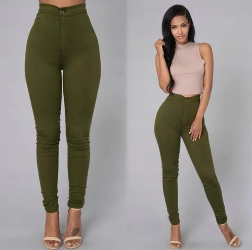 Одноцветные обтягивающие женские джинсы с высокой талией, обтягивающие леггинсы-карандаш, брюки с высокой талией, Стрейчевые джинсы, узкие брюки-карандаш размера плюс - Цвет: Зеленый