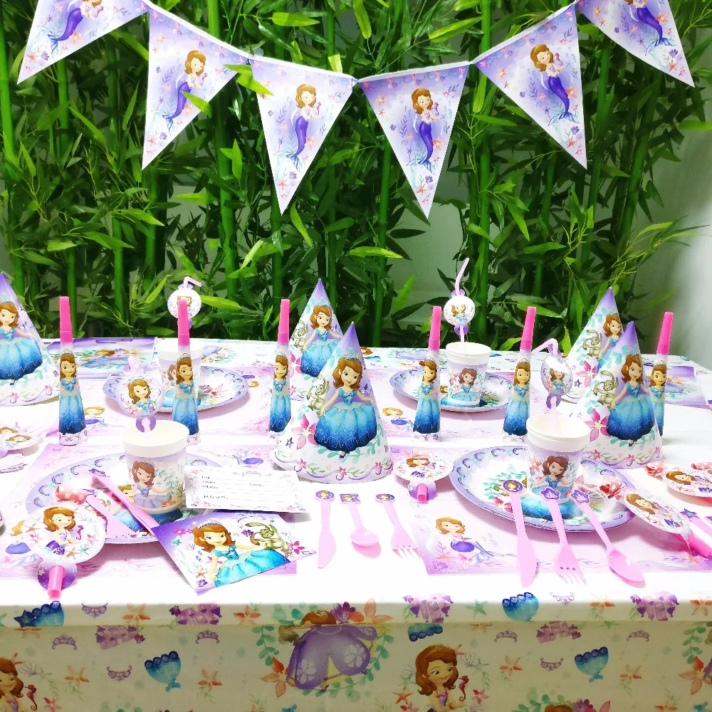 

Sofia Kids Birthday Party Decoration Set Party Supplies Cup Plate Banner Hat Straw Loot Bag Fork Disposable Tableware Sofia Set