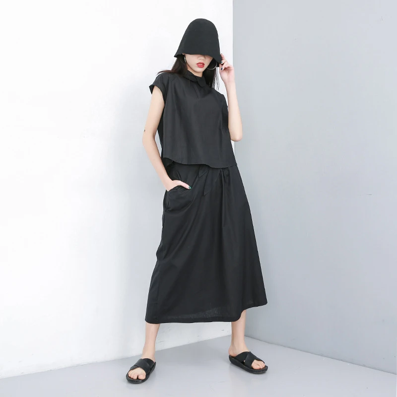 

TWO PIECE SET Skirt Women Linen Blouse T Shirt Pullover Vintage Streetwear Runway Suit 2 Piece Set Black Summer Student School