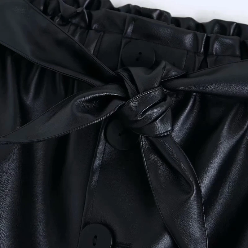 Женская модная прямая юбка из искусственной кожи, украшенная бантом; faldas mujer; шикарное миди-юбка с эластичным поясом и пуговицами; QUN520