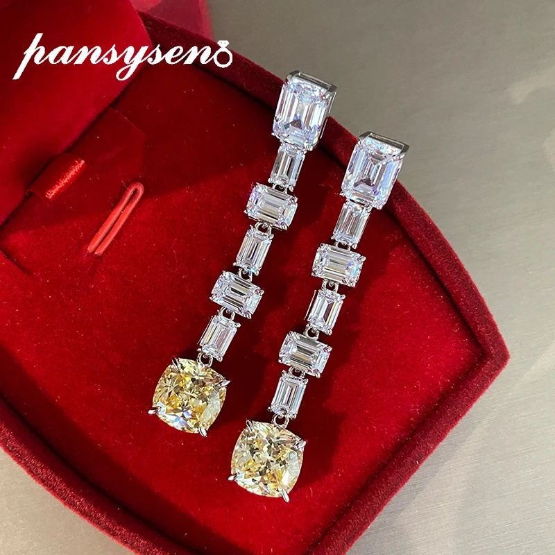 

PANSYSEN 100% Solid 925 Sterling Silver created Moissanite Citrine diamond Drop Earrings Wedding Engagement Fine Jewelry Gifts