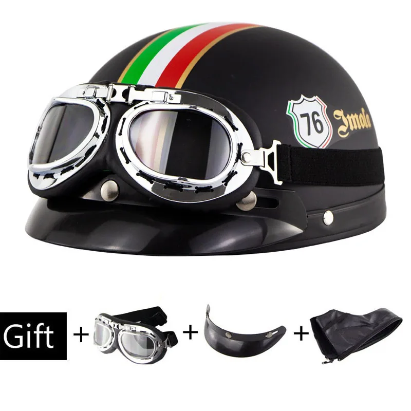 Мужской женский ретро мотоциклетный шлем, мотоциклетный шлем для улицы, мотоциклетный шлем с очками - Color: C