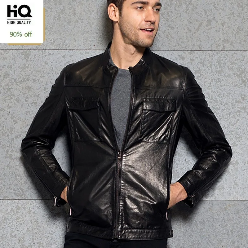 

Top Brand Men Stand Collar Motorcycle Outwear Jacket Luxury Genuine Leather Pockets Punk Coats Slim Fit Business Casual Jackets