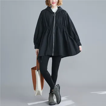 

[EWQ] 2020 Spring Autumn New Pattern Hooded Collar Long Sleeve Solid Patchwork Fold Vintage Windbreaker Coat Women 19C-a136