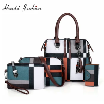 

Fashion Plaid Leather Handbags 2019 Tassel Purses Top-Handle Bags 4 Set Pieces Bags Office Women Luxury Shoulder Casual Tote