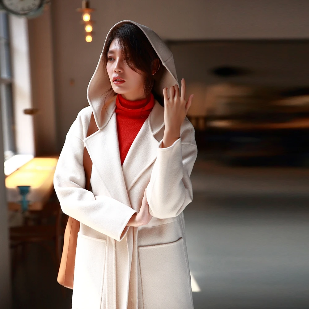 

2019 AW New Collection side slits hooded casual long double faced wool coat women