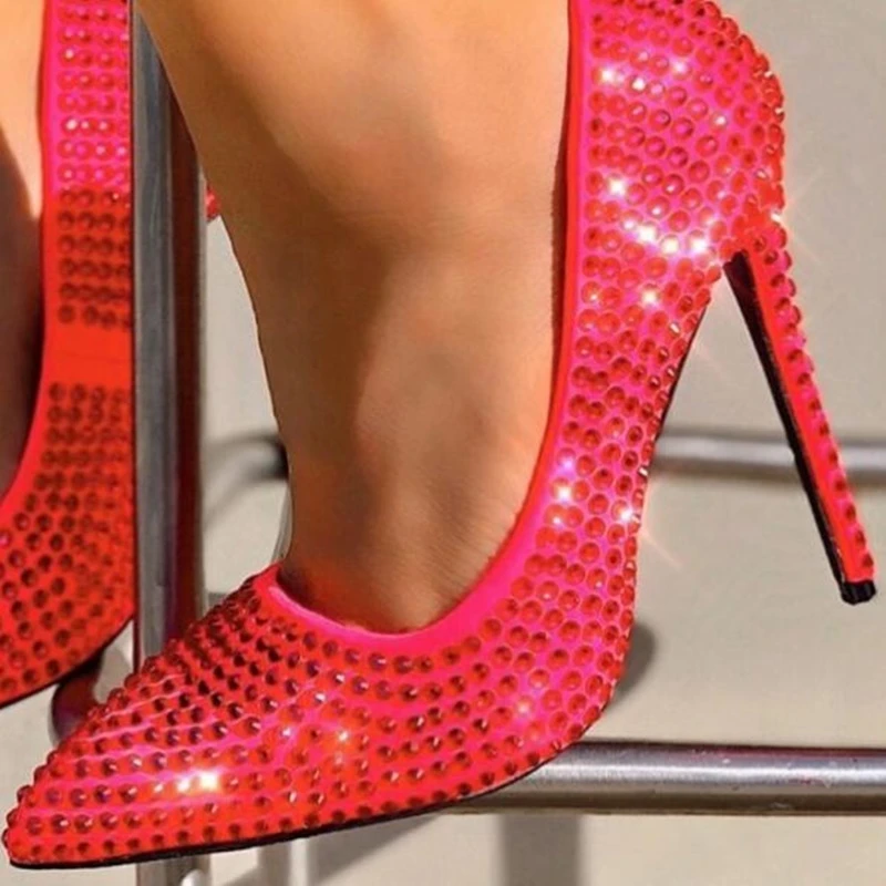 Zapatos de boda de cristal fucsia para novia, zapatos con diamantes de imitación brillantes de punta estrecha, zapatos de tacón de aguja de 12CM para mujer, envío directo|Zapatos tacón