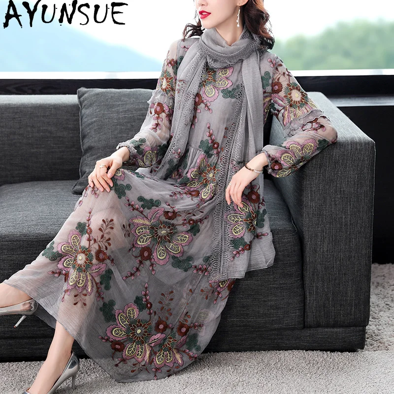 

AYUNSUE High Quality 100% Silk Dress Woman Elegant Casual Dresses for Women Midi Long Sleeve Dress Spring Autumn 2021 Vestidos