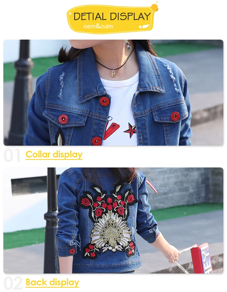 2 Pieces Long Sleeve Denim Sets Blue Washed Embroidered Flower Girls Kids Clothes Clothing Denim Jacket Set For 5-14 Years