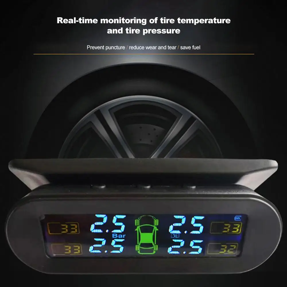 

Portable Tyre Pressure Sensor With 4 External Sensors Temperature Warning Fuel Save Car Tire Pressure Monitor System Solar TPMS