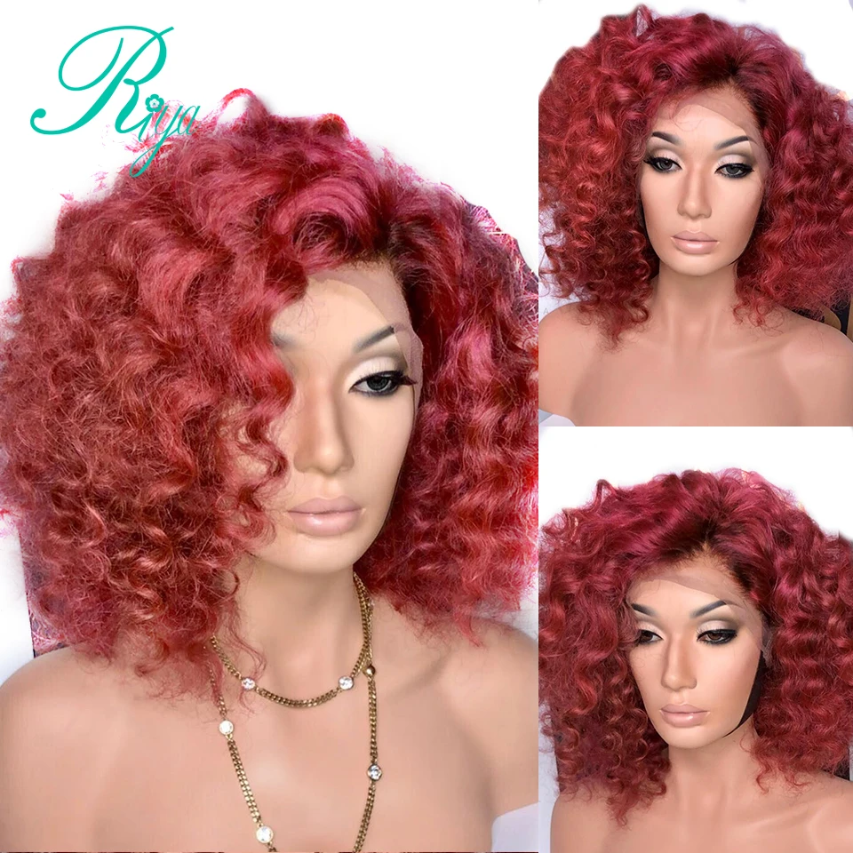 

Invisible Red Burgundy Color Pixie Short Bob Cut Lace Front Human Hair Wigs With Bangs Curly Closure Frontal Wig Indian RemyHair