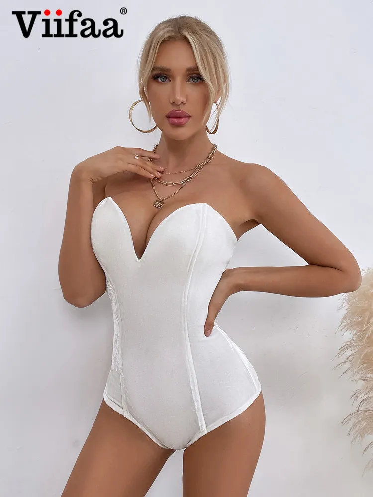Viifaa Backless Solid Velvet Bodysuit Sweetheart Neckline Strapless Sexy  Party Body Top Women Lace-Up Back Bodycon Bodysuits