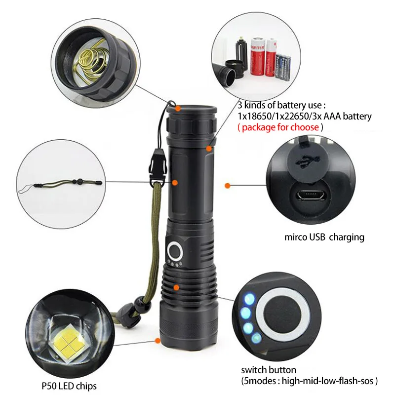 Светодиодный XHP50 xhp70.2 светодиодный фонарик 18650 usb Перезаряжаемые тактический вспышка прожектор лампа фонарь с масштабированием факел p50 супер мощный