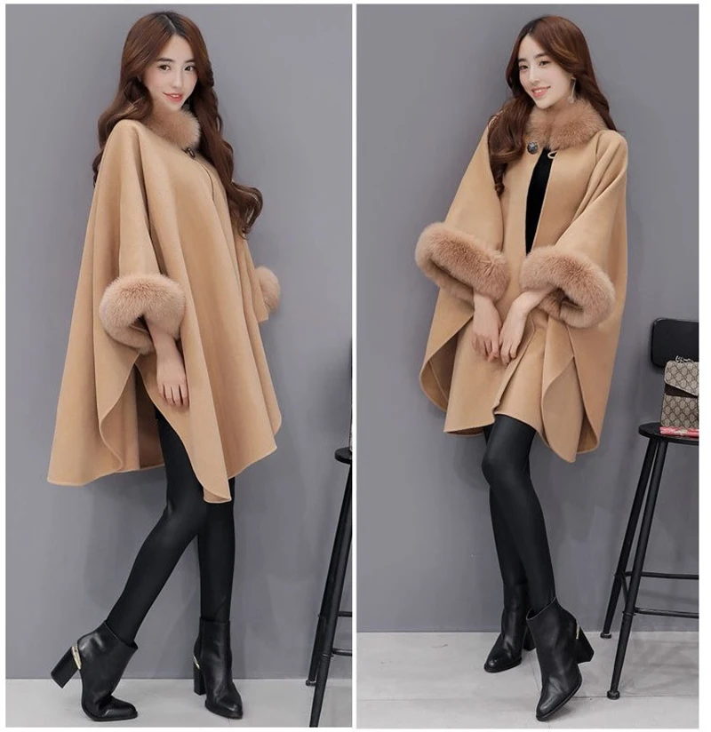 Elegant Women Winter Coats Batwing Fluffy Sleeve Cape Jacket Lady Woolen Overcoat Cape Fox Fur Collar Warm Ponchos Feminino