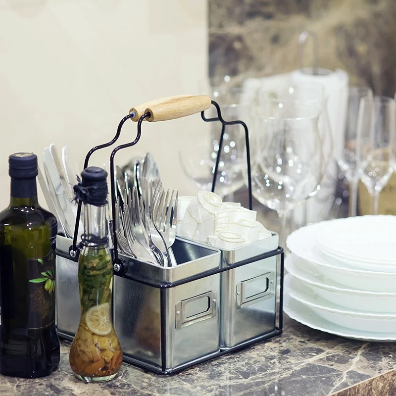Wire Tableware Multiple Usage Wood Handle Handmade Wire Basket Caddy with 4 Galvanized ...
