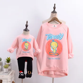 

Mother and Daughter Matching Clothes Family Look Top Sweatshirts Pajamas 2020 Spring Cartoon Bird Print Mom and Daughter Dresses