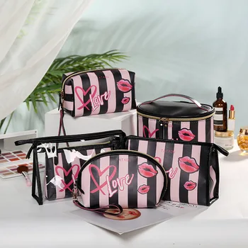 

Creative Stripe Printed Portable Cosmetic Bag Women Organizer Toiletry Bags Handbag Make Up Box