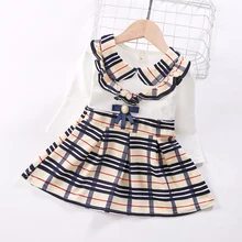 Vestido de niñas nuevas niñas europeas y americanas vintage niño muñeca collar niña pequeña manga larga princesa niña ropa