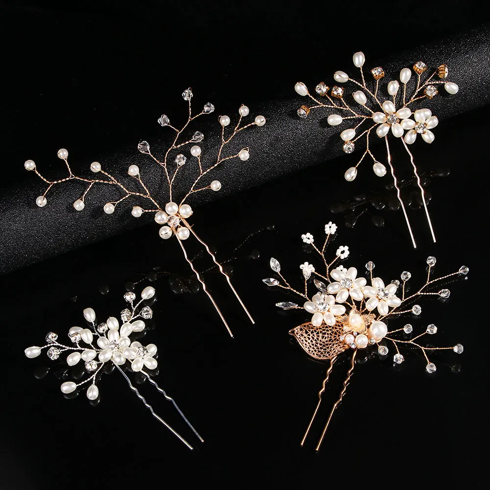 Festival Wedding Alloy Leaves Rhinestone Pearl Flower U-Shape Hairpin Beautiful Bride Headdress Plait Hair Clip Vine Accessories |