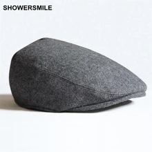 SHOWERSMILE, фирменный берет, Мужская зимняя Шерстяная кепка, серая, черная, зеленая, однотонная, повседневная, винтажная, газетная, шапка и кепка, британский стиль