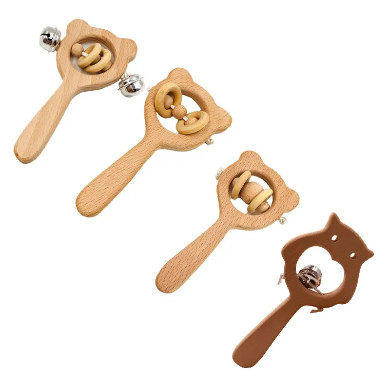 

Baby Toys Beech Wood Bear Hand Teething Wooden Ring Can Chew Beads Baby Rattles Play Gym Montessori Stroller Toys