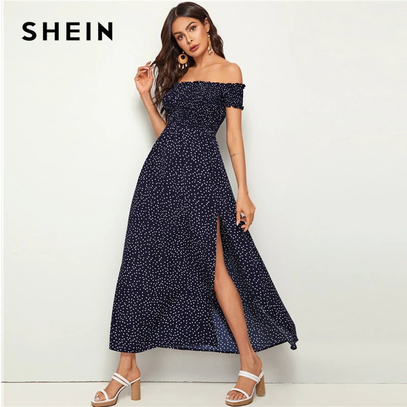 SHEIN темно-синее платье в горошек с открытыми плечами и оборкой, с оборками, с разрезом, платье в горошек, женское летнее платье с высокой талией в стиле бохо, Макси платья
