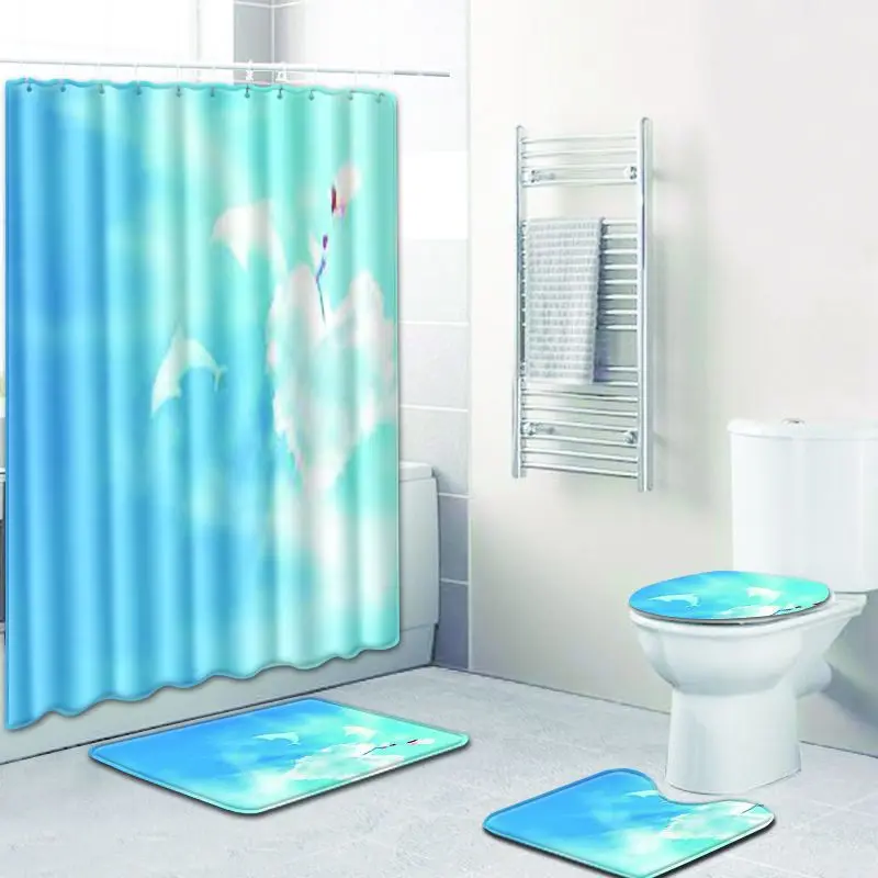 

4pcs/set Fashion Colorful Print Waterproof Shower Curtain Modern Solid Polyester Toilet Seat Cover Pad Anti-slip Bath Mat Home