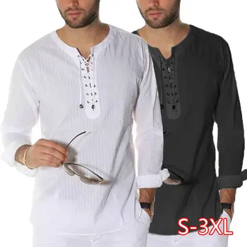 

Elegant Style Mens Shirts Dress Long Sleeve Lace Up Tunic Casual Loose Fit Tops T-shirts Plus Size S-3XL