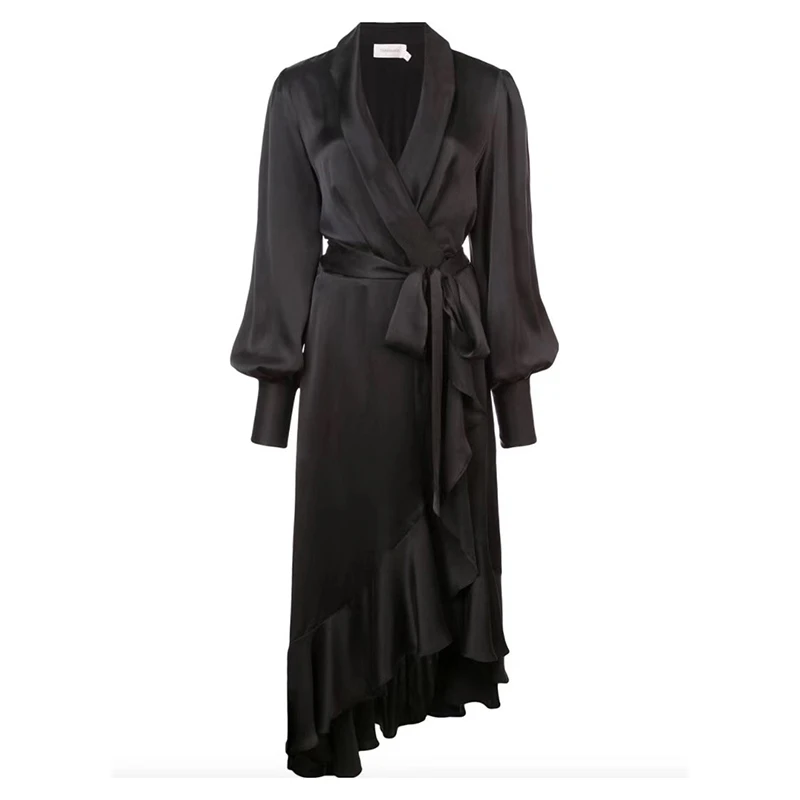 TWOTWINSTYLE, сатиновое платье, женское, фонарь, длинный рукав, на шнуровке, ассиметричное, с рюшами, подол, черное, миди, платья для женщин, осень, новинка - Цвет: black