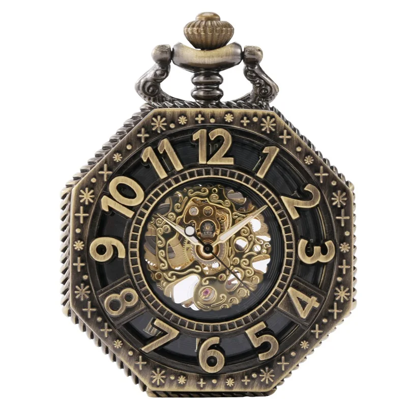Steampunk Hollow Octagon Shape Men Women Handwind Mechanical Pocket Watch Skeleton Clock FOB Pendant Chain Roman Number Display