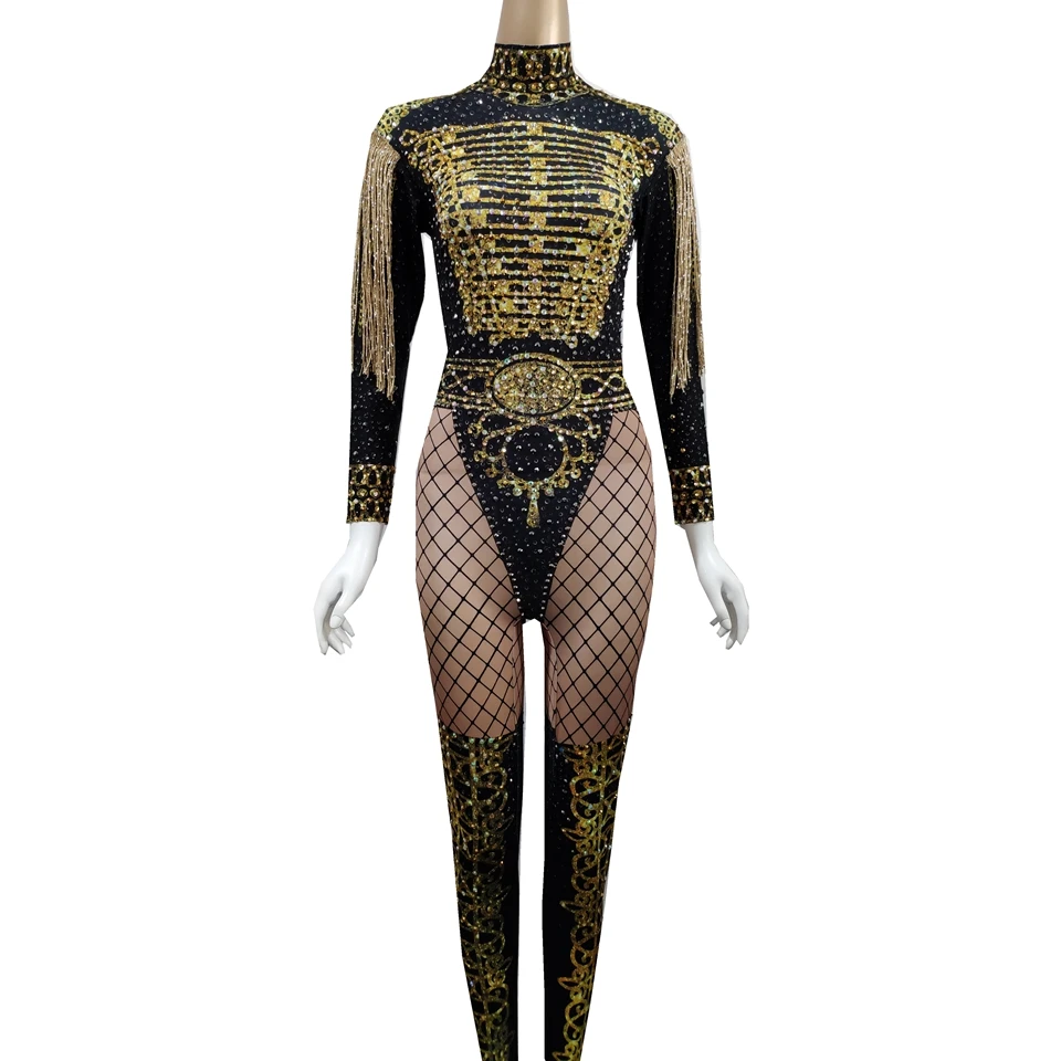  Golden Fringes Epaulet Rhinestones Jumpsuit Women Jazz Dance Nude Stretch Bodysuit Outfits Evening 